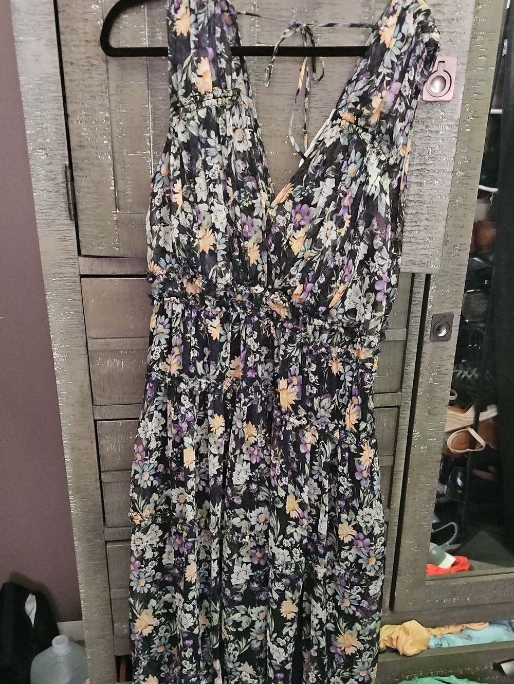 ASTR.  Floral V-Neck Maxi Dress - Black with Purple & Yellow Floral Fully Lined
